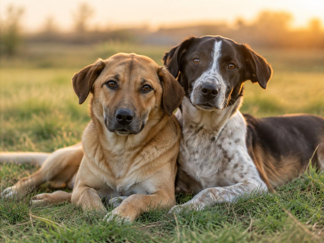 Dos perritos descansando juntos en el pasto